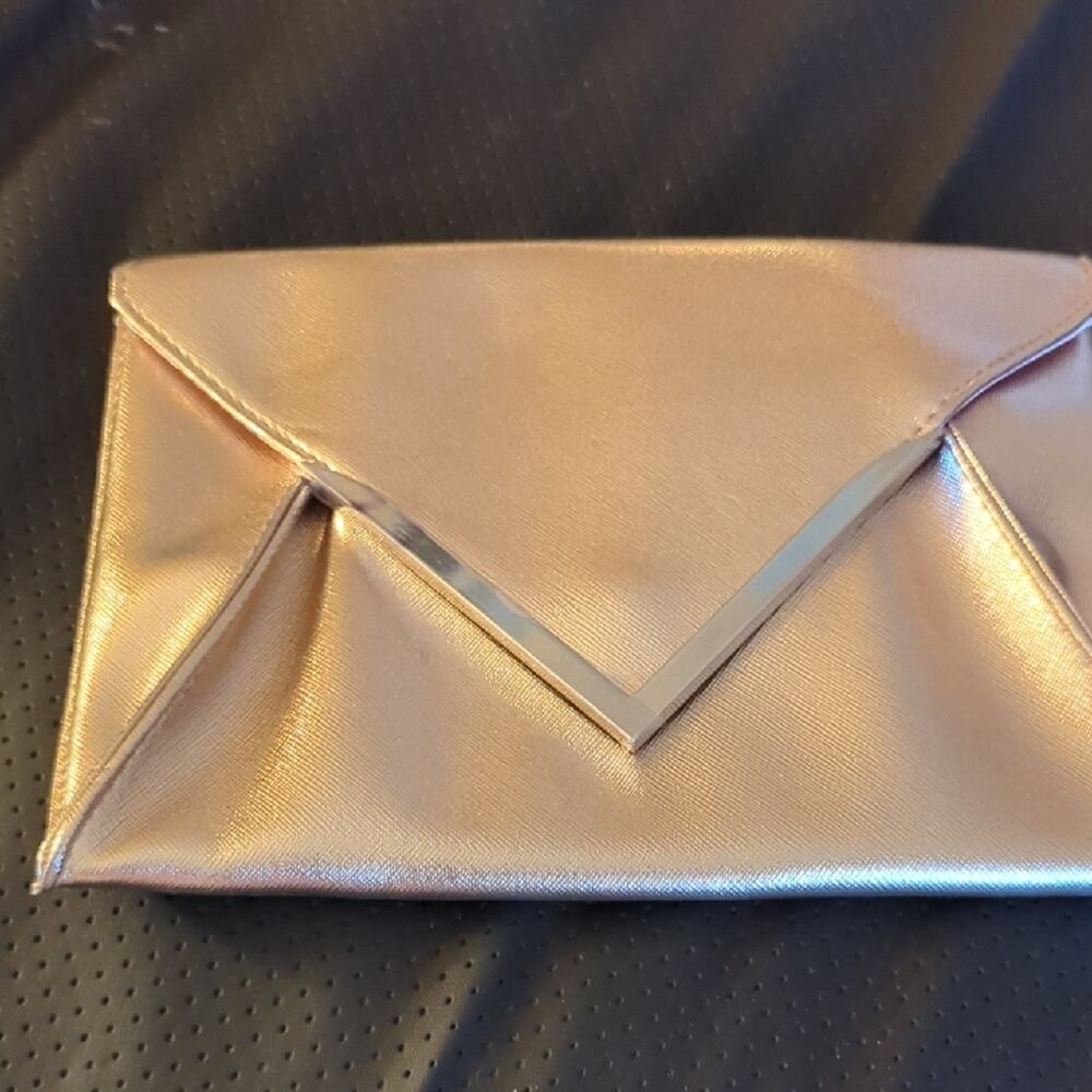 Rose Gold Metallic Envelope Clutch Bag V-Metal Trim Evening Wedding Handbag